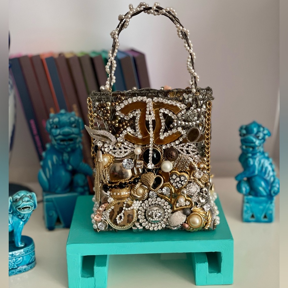 Vintage Large Rhinestone Jewelry Wire Bag Basket